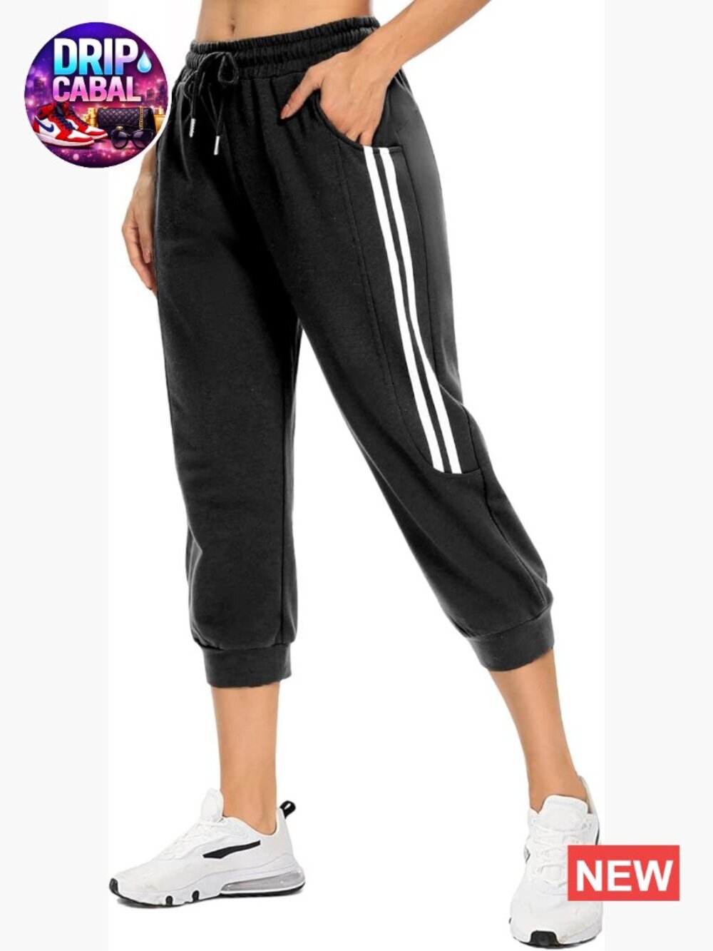 Capri Sweatpants with Pockets Drawstring Mid Rise Striped Joggers for Yoga